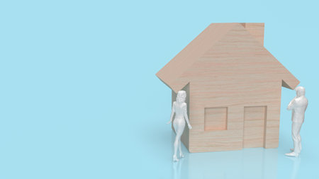 Home wood and figure on blue background for property or estate concept 3d renderingの写真素材