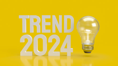 Text trend 2024 and  light bulb on yellow background  3d rendering