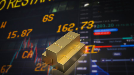 The gold bar on Business chart background 3d renderingの写真素材