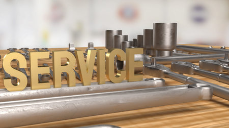 Gold service text and tool equipment for garage concept 3d rendering