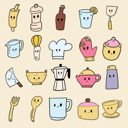 Kitchenware refers to a broad category of tools and utensils that are commonly used in the kitchen for cooking, baking, and food preparation.のイラスト素材