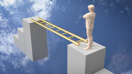 Man and stair on sky background 3d renderingの写真素材