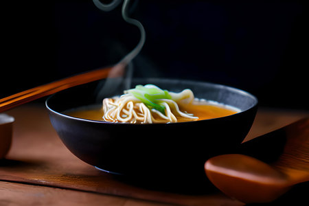 Ramen is a popular Japanese dish that consists of Chinese-style wheat noodles served in a flavourful broth, accompanied by various toppings.の素材