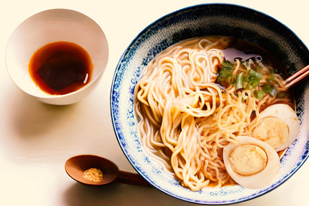 Ramen is a popular Japanese dish that consists of Chinese-style wheat noodles served in a flavourful broth, accompanied by various toppings.の素材