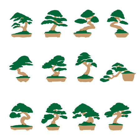 Bonsai is a Japanese art form that involves cultivating miniature trees or shrubs in containers, creating living sculptures that mimic the appearance of full-sized trees found in nature.のイラスト素材