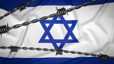 The Israeli flag consists of a blue Star of David (Magen David) in the center, flanked by two horizontal blue stripes near the top and bottom edges of the flag.の写真素材