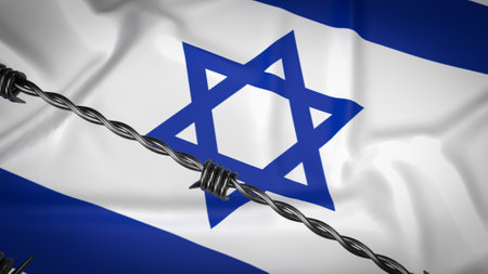 The Israeli flag consists of a blue Star of David (Magen David) in the center, flanked by two horizontal blue stripes near the top and bottom edges of the flag.の写真素材