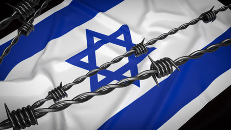 The Israeli flag consists of a blue Star of David (Magen David) in the center, flanked by two horizontal blue stripes near the top and bottom edges of the flag.の写真素材