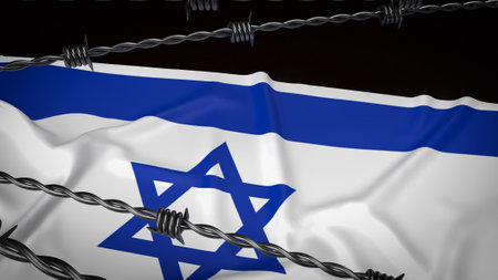 The Israeli flag consists of a blue Star of David (Magen David) in the center, flanked by two horizontal blue stripes near the top and bottom edges of the flag.の写真素材
