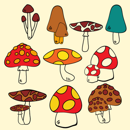 Mushrooms are fungi belonging to a diverse group of organisms that have various shapes, sizes, colors, and properties.のイラスト素材