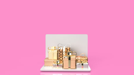White laptop and gift boxes for Technology or Shopping online conceptの写真素材