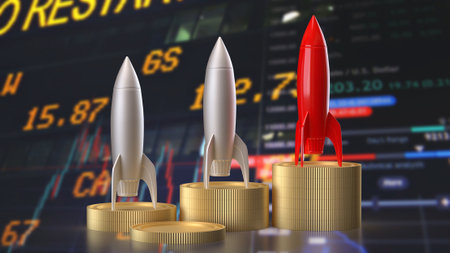 Rocket and coins for sci or Business concept 3d rendering.の写真素材