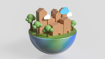 House Building and tree on half planet for eco concept 3d rendering.の写真素材