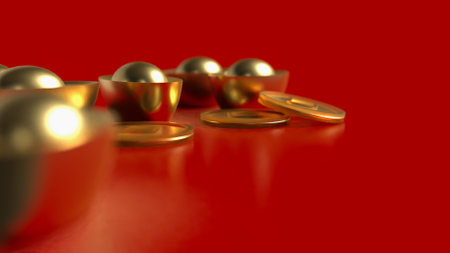 The Chinese gold and coins on red Background 3d rendering.の写真素材