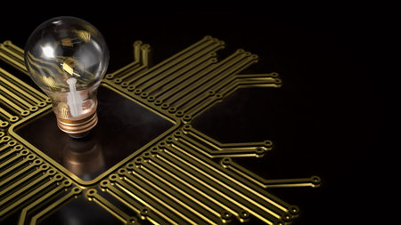light bulb  on gold electronic logic  for technology  or business concept 3d rendering.
