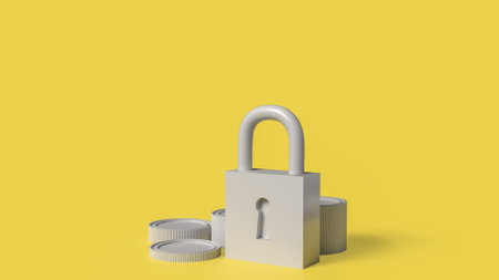 Lock key and coins on yellow color background for security concept 3d rendering,の写真素材