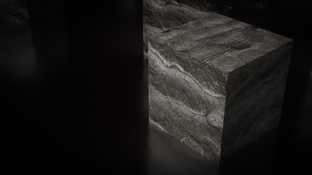 Stone cube rock on black Background 3d rendering.の写真素材