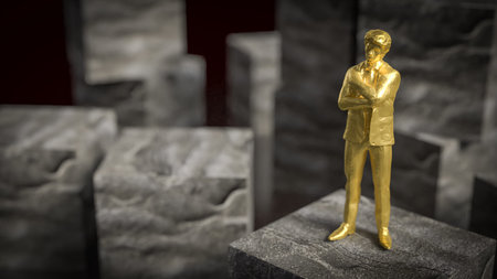 Gold business man stand on cube stone on black background  3d rendering.