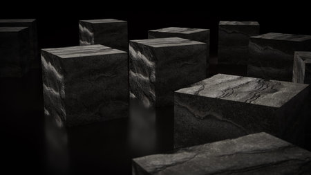 Stone cube rock on black Background 3d rendering.