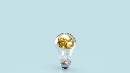 Gold Brain in light bulb for sci and education or Business concept 3d rendering.