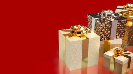 Gold Gift box on red Background for holiday or celebration concept 3d render.