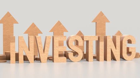 Wood investing text and arrow up for Business concept 3d rendering.
