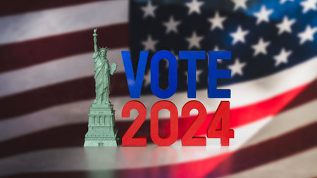Statue of Liberty and vote 2024 for Election Center concept 3d rendering.