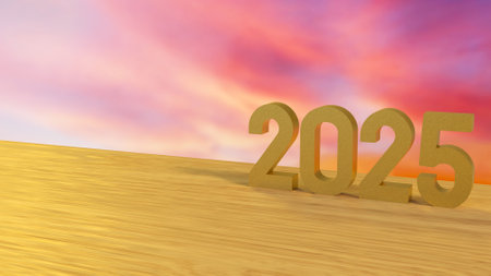 2025 number on wood table for new year or celebration concept 3d rendering.の写真素材