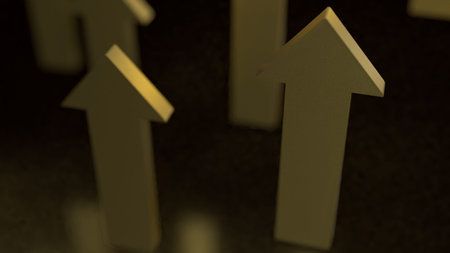 Gold arrow up on black background  3d rendering.
