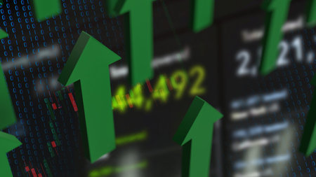 Green arrow up on Business background  3d rendering.