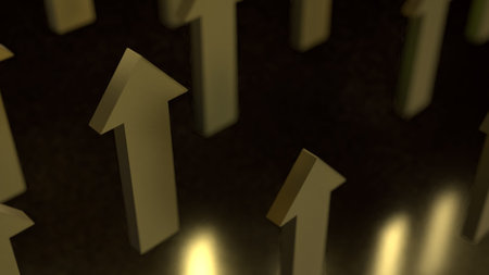 Gold arrow up on black background  3d rendering.の写真素材