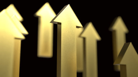 Gold arrow up on black background  3d rendering.の写真素材