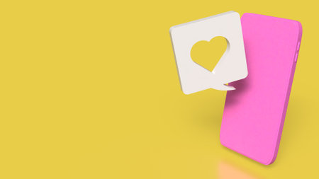 Pink mobile and heart icon on yellow background for love applications concept 3d rendering.の写真素材