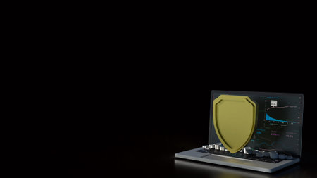 Notebook and shield for cyber security concept 3d rendering.の写真素材