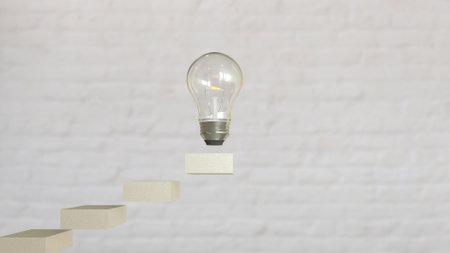 Bulb on stair for creative or idea concept 3d rendering.の写真素材