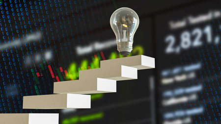 Bulb on stair for creative or idea concept 3d rendering.