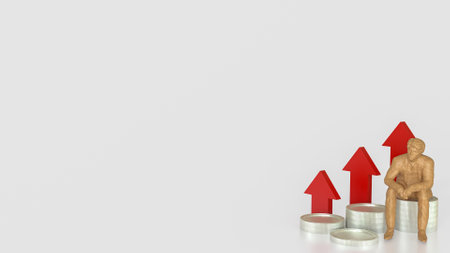Man sitting on Gold coins and red arrow up on white background  for Business concept 3d rendering.の写真素材