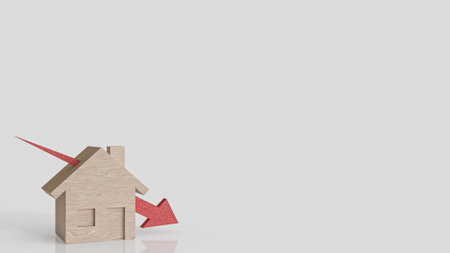 Wood house and red arrow down for property or building concept 3d rendering.の写真素材