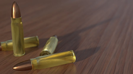 Bullet on wood table for crime or weapon concept 3d rendering.