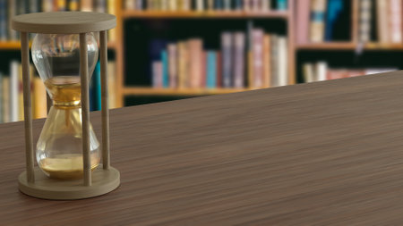 Sand clock on wood table in library image 3d rendering.の写真素材