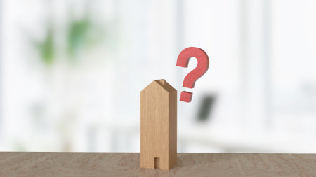 Wood  house and question mark for property concept 3d rendering.の写真素材