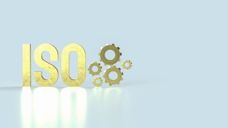 Gold iso text and gear on white background 3d rendering.の写真素材