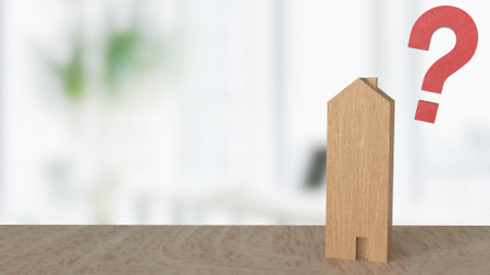 Wood  house and question mark for property concept 3d rendering.の写真素材
