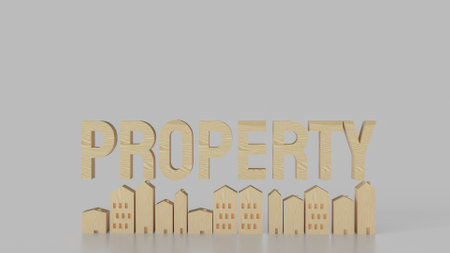 Wood house and property text for real estate concept 3d rendering.の写真素材