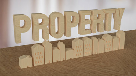 Wood house and property text for real estate concept 3d rendering.の写真素材