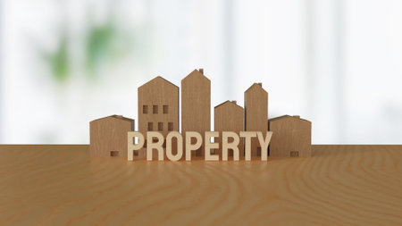Wood house and property text for real estate concept 3d rendering.の写真素材