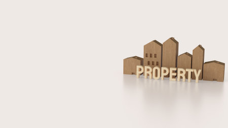 Wood house and property text for real estate concept 3d rendering.の写真素材