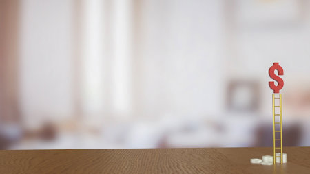 Red dollar symbol on stair for Business concept 3d rendering.の写真素材