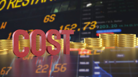 Red cost text and gold coins for business concept 3d rendering.の写真素材