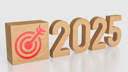 Target icon on wood cube and 2025 Number for Business concept 3d rendering.の写真素材